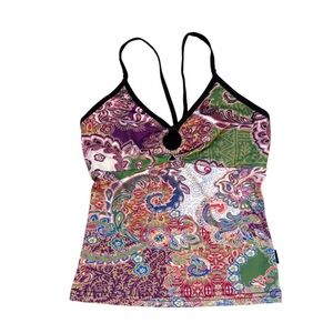 Vintage Y2K KOS USA Purple Green Paisley Print Babydoll Cami Top Fairy Boho